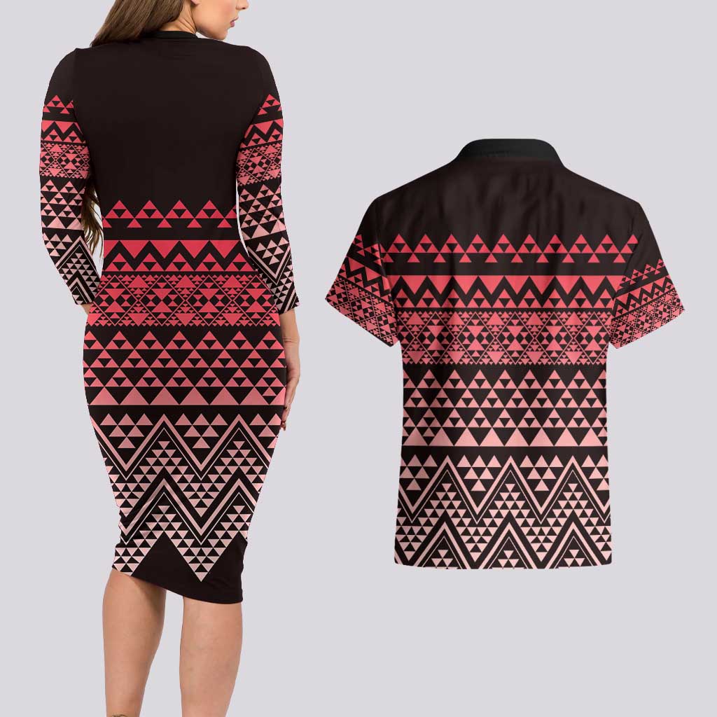 Maori Niho Taniwha Te Wheiao Couples Matching Long Sleeve Bodycon Dress and Hawaiian Shirt Terracotta - Aussie Hoodie