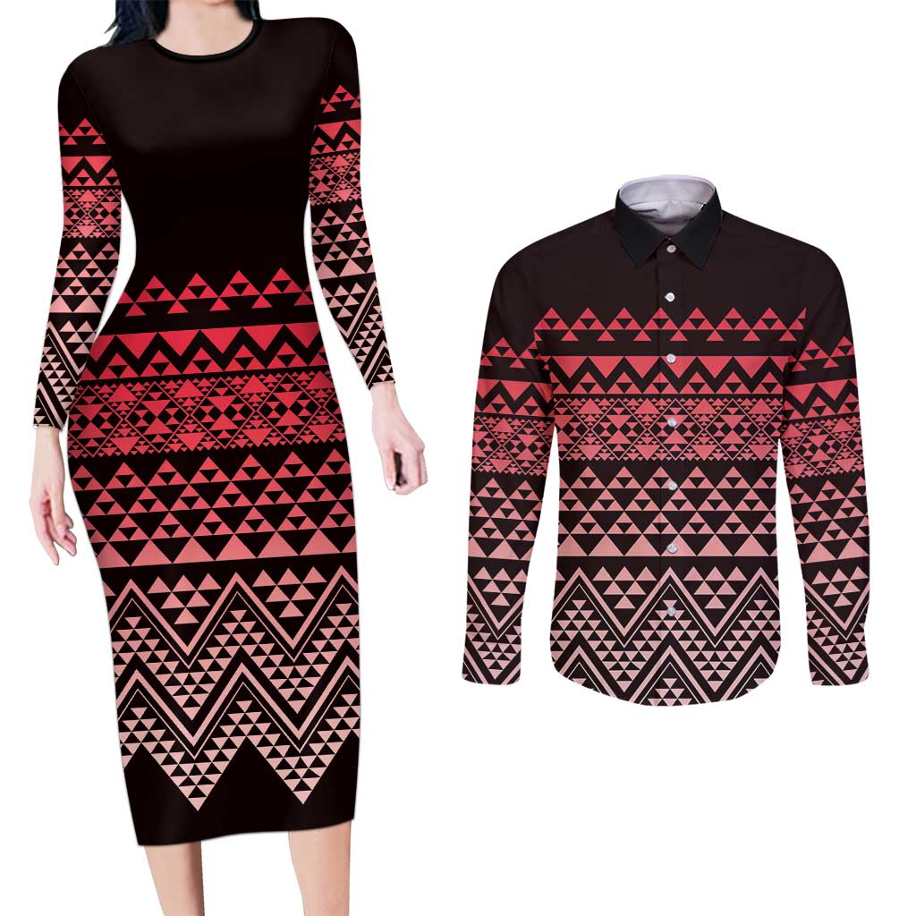Maori Niho Taniwha Te Wheiao Couples Matching Long Sleeve Bodycon Dress and Long Sleeve Button Shirt Terracotta - Aussie Hoodie