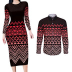 Maori Niho Taniwha Te Wheiao Couples Matching Long Sleeve Bodycon Dress and Long Sleeve Button Shirt Terracotta - Aussie Hoodie