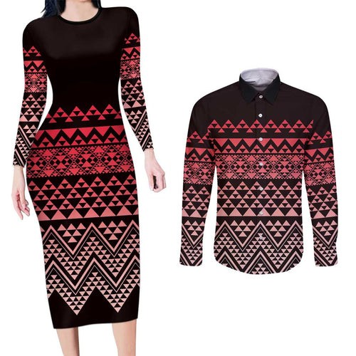 Maori Niho Taniwha Te Wheiao Couples Matching Long Sleeve Bodycon Dress and Long Sleeve Button Shirt Terracotta - Aussie Hoodie