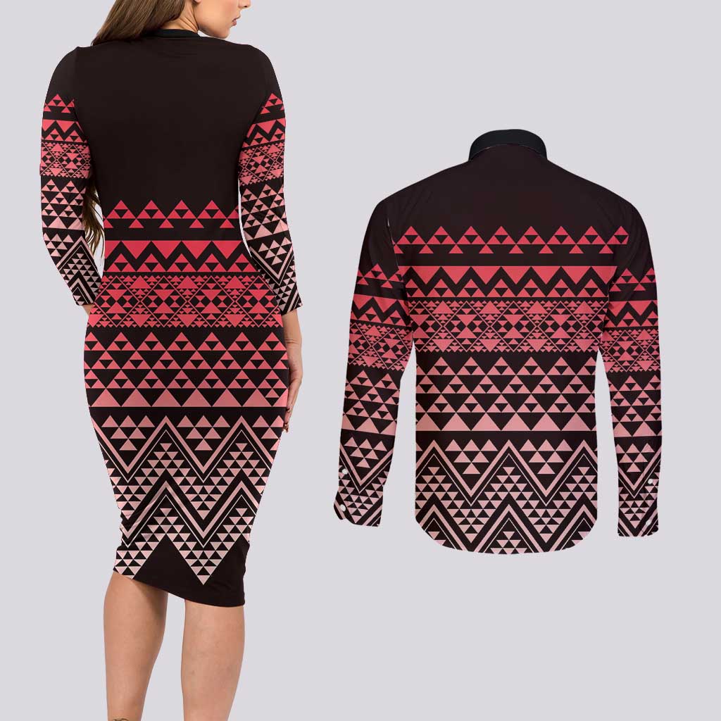 Maori Niho Taniwha Te Wheiao Couples Matching Long Sleeve Bodycon Dress and Long Sleeve Button Shirt Terracotta - Aussie Hoodie
