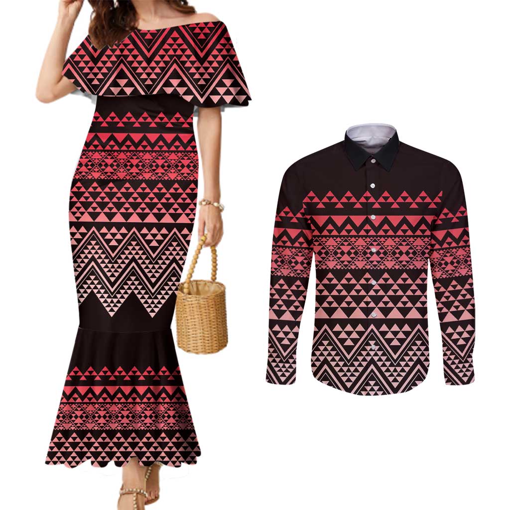 Maori Niho Taniwha Te Wheiao Couples Matching Mermaid Dress and Long Sleeve Button Shirt Terracotta - Aussie Hoodie