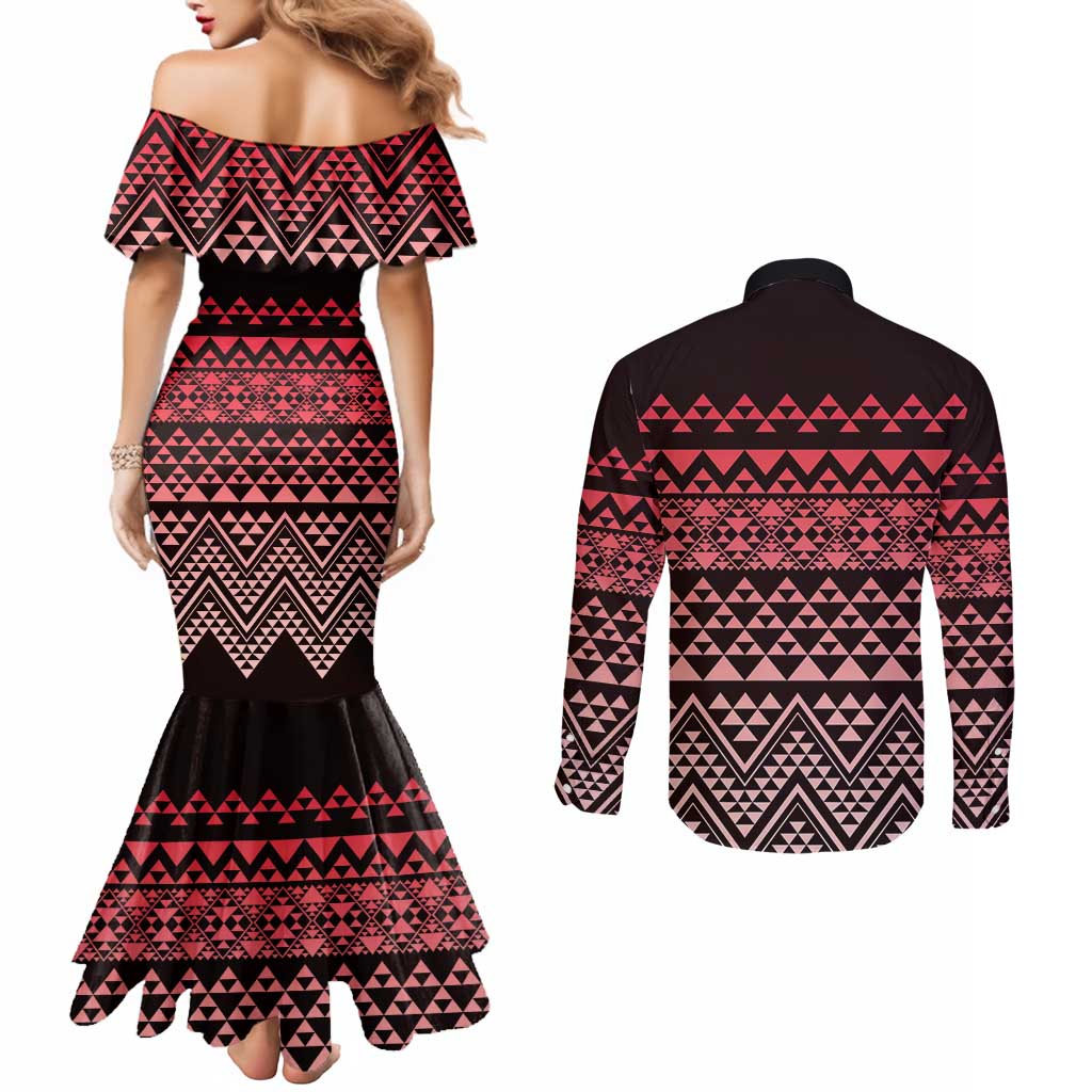 Maori Niho Taniwha Te Wheiao Couples Matching Mermaid Dress and Long Sleeve Button Shirt Terracotta - Aussie Hoodie