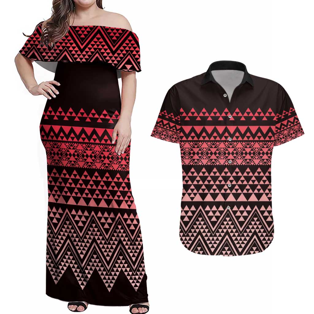 Maori Niho Taniwha Te Wheiao Couples Matching Off Shoulder Maxi Dress and Hawaiian Shirt Terracotta - Aussie Hoodie