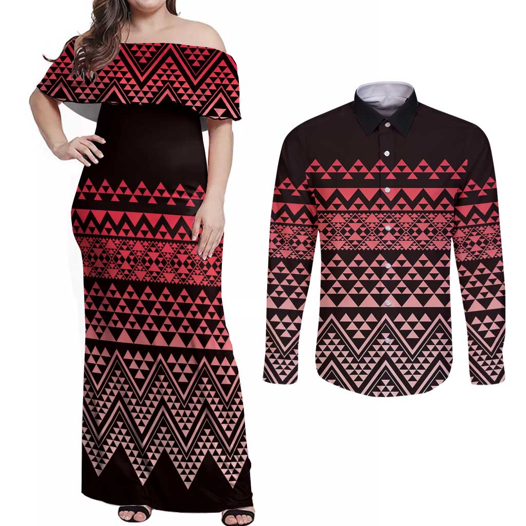 Maori Niho Taniwha Te Wheiao Couples Matching Off Shoulder Maxi Dress and Long Sleeve Button Shirt Terracotta - Aussie Hoodie