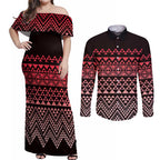 Maori Niho Taniwha Te Wheiao Couples Matching Off Shoulder Maxi Dress and Long Sleeve Button Shirt Terracotta - Aussie Hoodie