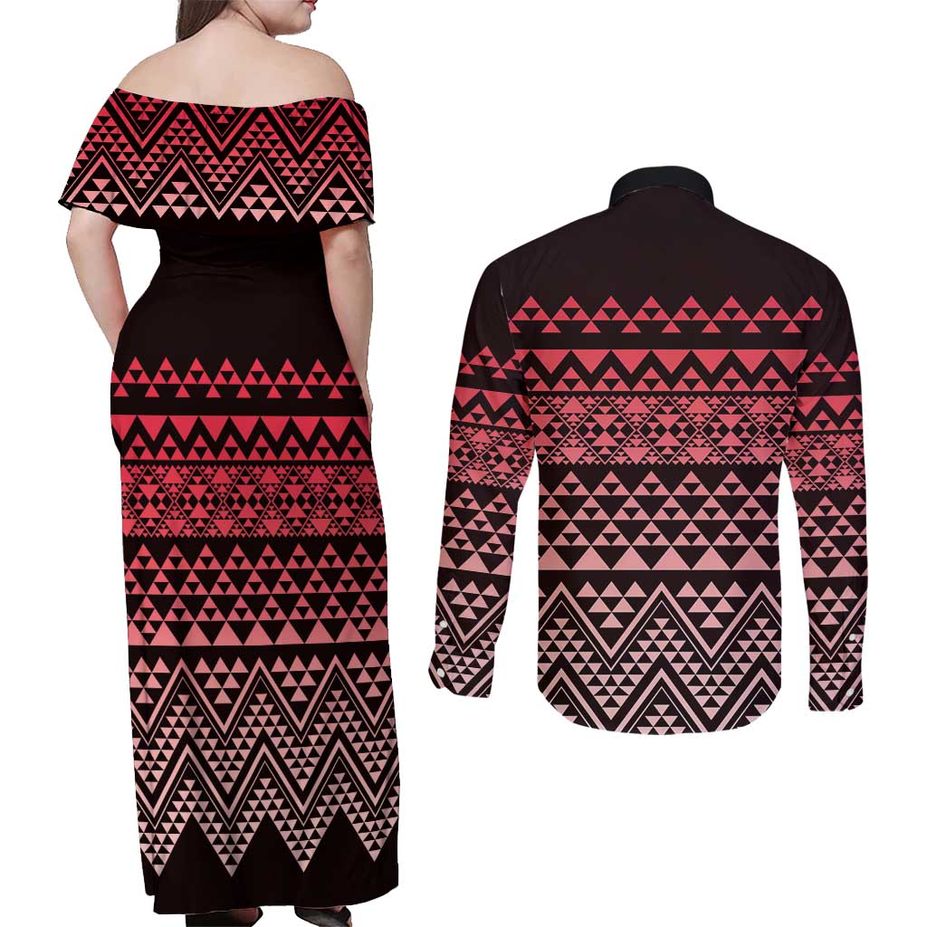 Maori Niho Taniwha Te Wheiao Couples Matching Off Shoulder Maxi Dress and Long Sleeve Button Shirt Terracotta - Aussie Hoodie