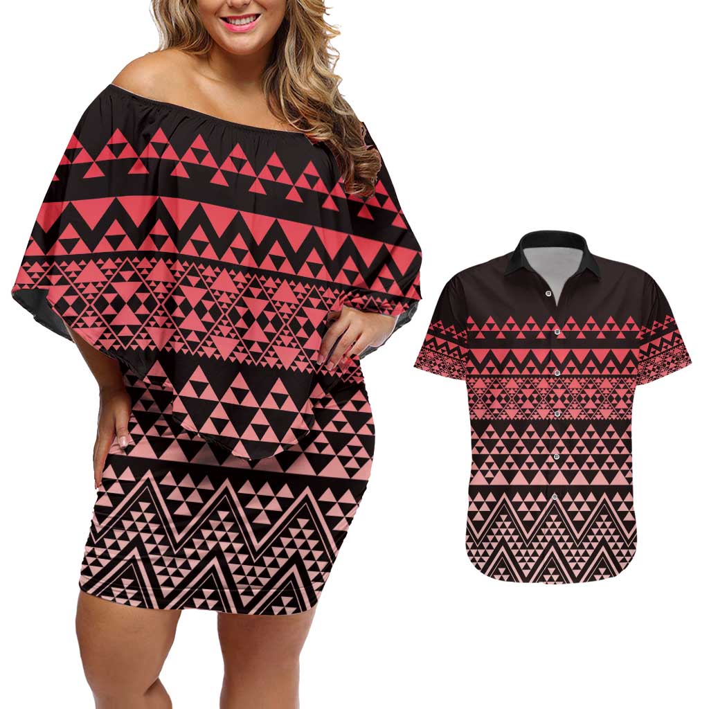 Maori Niho Taniwha Te Wheiao Couples Matching Off Shoulder Short Dress and Hawaiian Shirt Terracotta - Aussie Hoodie