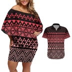 Maori Niho Taniwha Te Wheiao Couples Matching Off Shoulder Short Dress and Hawaiian Shirt Terracotta - Aussie Hoodie