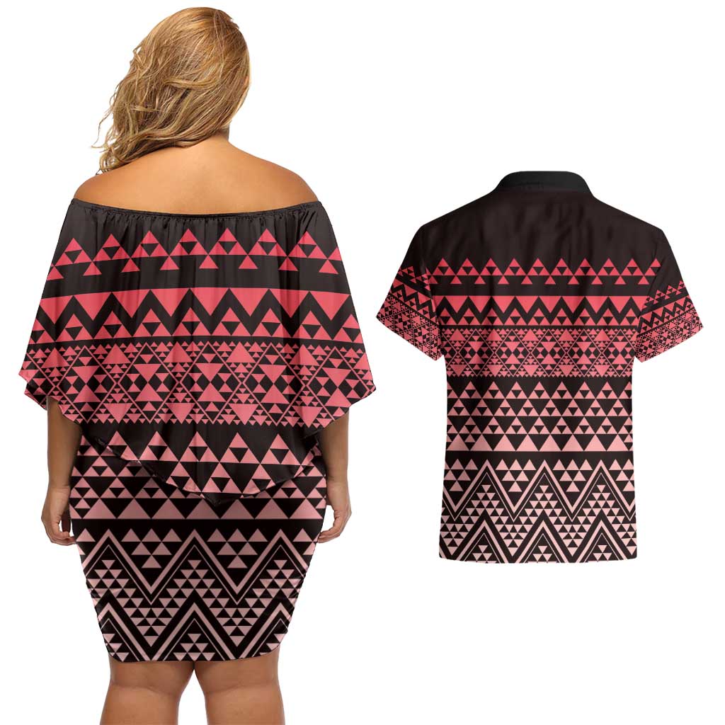 Maori Niho Taniwha Te Wheiao Couples Matching Off Shoulder Short Dress and Hawaiian Shirt Terracotta - Aussie Hoodie
