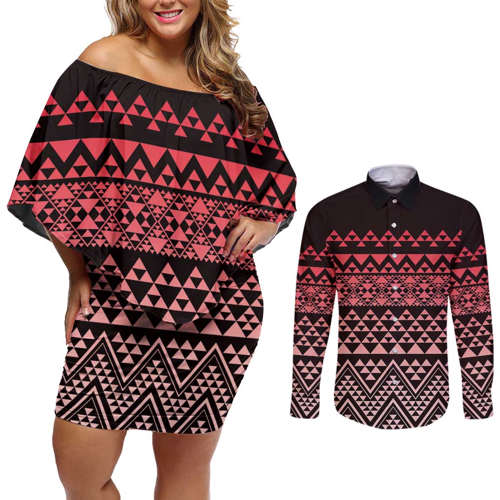 Maori Niho Taniwha Te Wheiao Couples Matching Off Shoulder Short Dress and Long Sleeve Button Shirt Terracotta - Aussie Hoodie