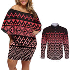 Maori Niho Taniwha Te Wheiao Couples Matching Off Shoulder Short Dress and Long Sleeve Button Shirt Terracotta - Aussie Hoodie