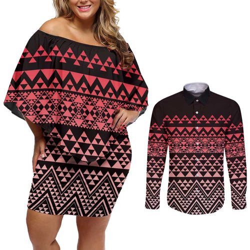 Maori Niho Taniwha Te Wheiao Couples Matching Off Shoulder Short Dress and Long Sleeve Button Shirt Terracotta - Aussie Hoodie
