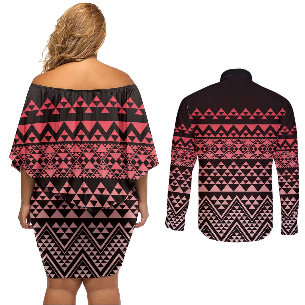 Maori Niho Taniwha Te Wheiao Couples Matching Off Shoulder Short Dress and Long Sleeve Button Shirt Terracotta - Aussie Hoodie