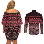 Maori Niho Taniwha Te Wheiao Couples Matching Off Shoulder Short Dress and Long Sleeve Button Shirt Terracotta - Aussie Hoodie