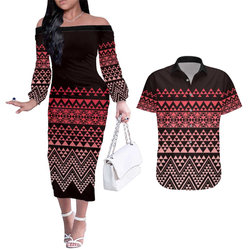 Maori Niho Taniwha Te Wheiao Couples Matching Off The Shoulder Long Sleeve Dress and Hawaiian Shirt Terracotta - Aussie Hoodie