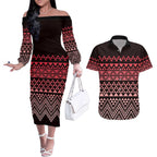 Maori Niho Taniwha Te Wheiao Couples Matching Off The Shoulder Long Sleeve Dress and Hawaiian Shirt Terracotta - Aussie Hoodie
