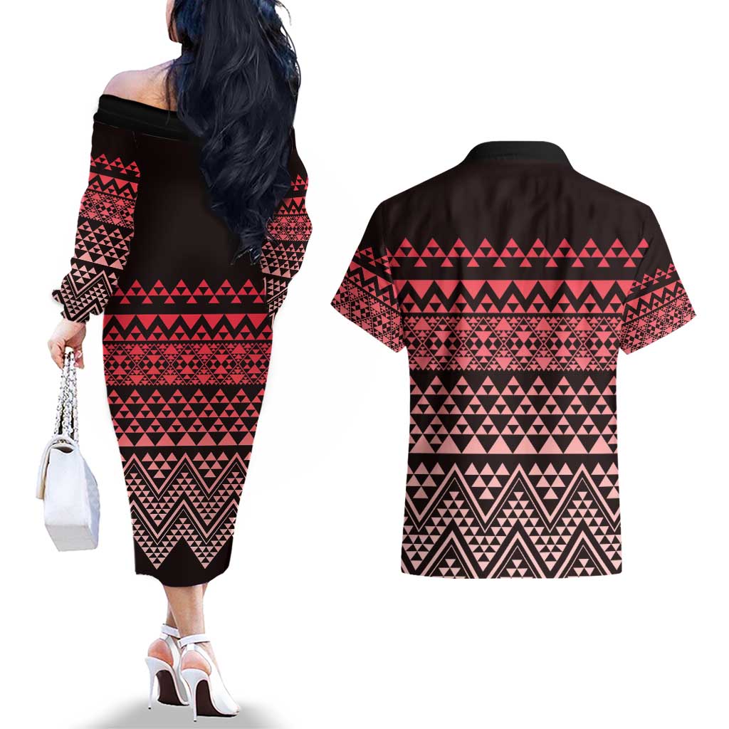 Maori Niho Taniwha Te Wheiao Couples Matching Off The Shoulder Long Sleeve Dress and Hawaiian Shirt Terracotta - Aussie Hoodie