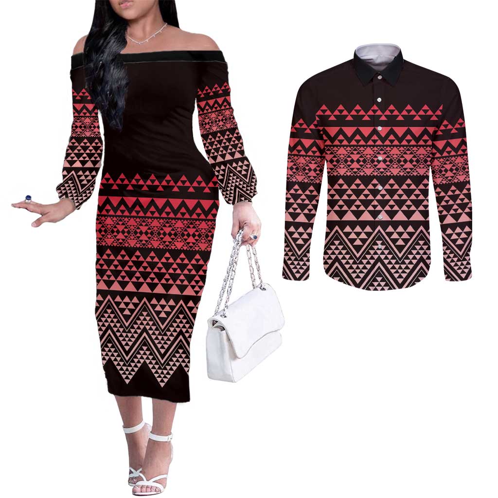 Maori Niho Taniwha Te Wheiao Couples Matching Off The Shoulder Long Sleeve Dress and Long Sleeve Button Shirt Terracotta - Aussie Hoodie