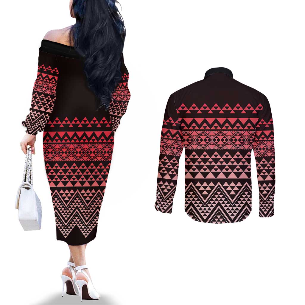 Maori Niho Taniwha Te Wheiao Couples Matching Off The Shoulder Long Sleeve Dress and Long Sleeve Button Shirt Terracotta - Aussie Hoodie
