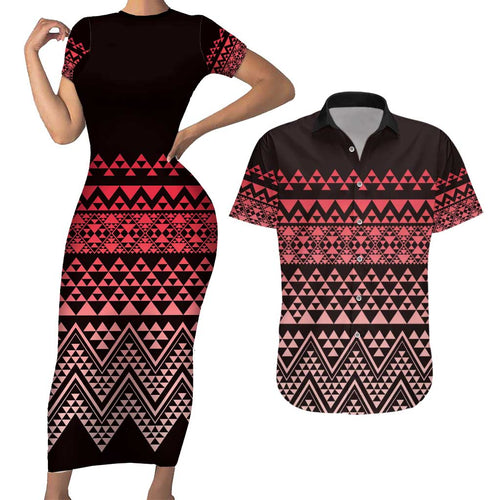 Maori Niho Taniwha Te Wheiao Couples Matching Short Sleeve Bodycon Dress and Hawaiian Shirt Terracotta - Aussie Hoodie