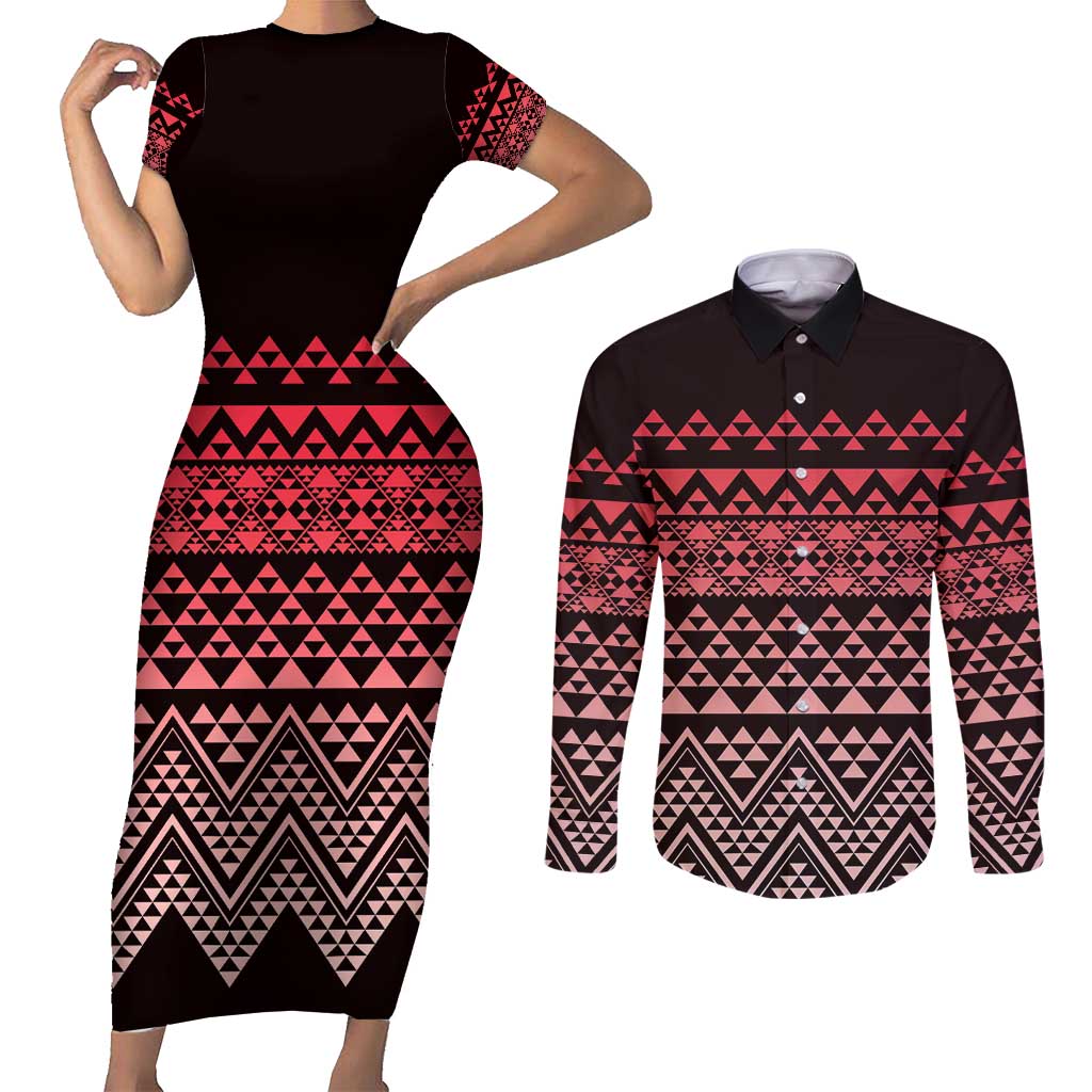 Maori Niho Taniwha Te Wheiao Couples Matching Short Sleeve Bodycon Dress and Long Sleeve Button Shirt Terracotta - Aussie Hoodie