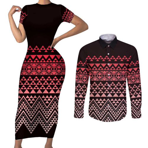 Maori Niho Taniwha Te Wheiao Couples Matching Short Sleeve Bodycon Dress and Long Sleeve Button Shirt Terracotta - Aussie Hoodie