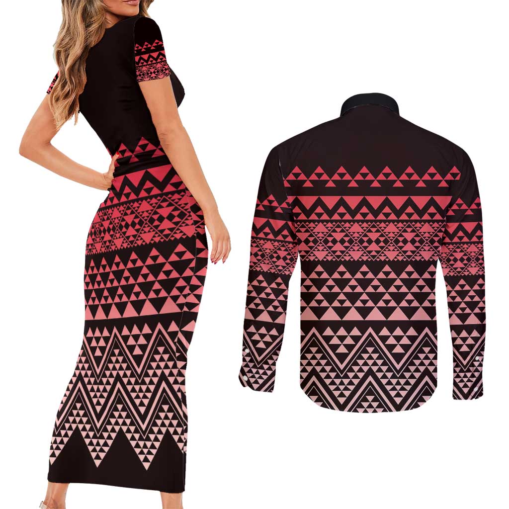 Maori Niho Taniwha Te Wheiao Couples Matching Short Sleeve Bodycon Dress and Long Sleeve Button Shirt Terracotta - Aussie Hoodie