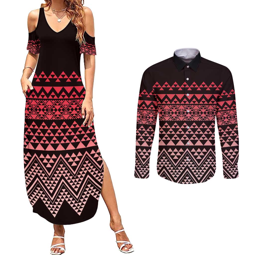 Maori Niho Taniwha Te Wheiao Couples Matching Summer Maxi Dress and Long Sleeve Button Shirt Terracotta - Aussie Hoodie