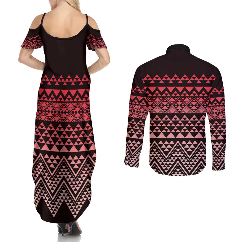 Maori Niho Taniwha Te Wheiao Couples Matching Summer Maxi Dress and Long Sleeve Button Shirt Terracotta - Aussie Hoodie
