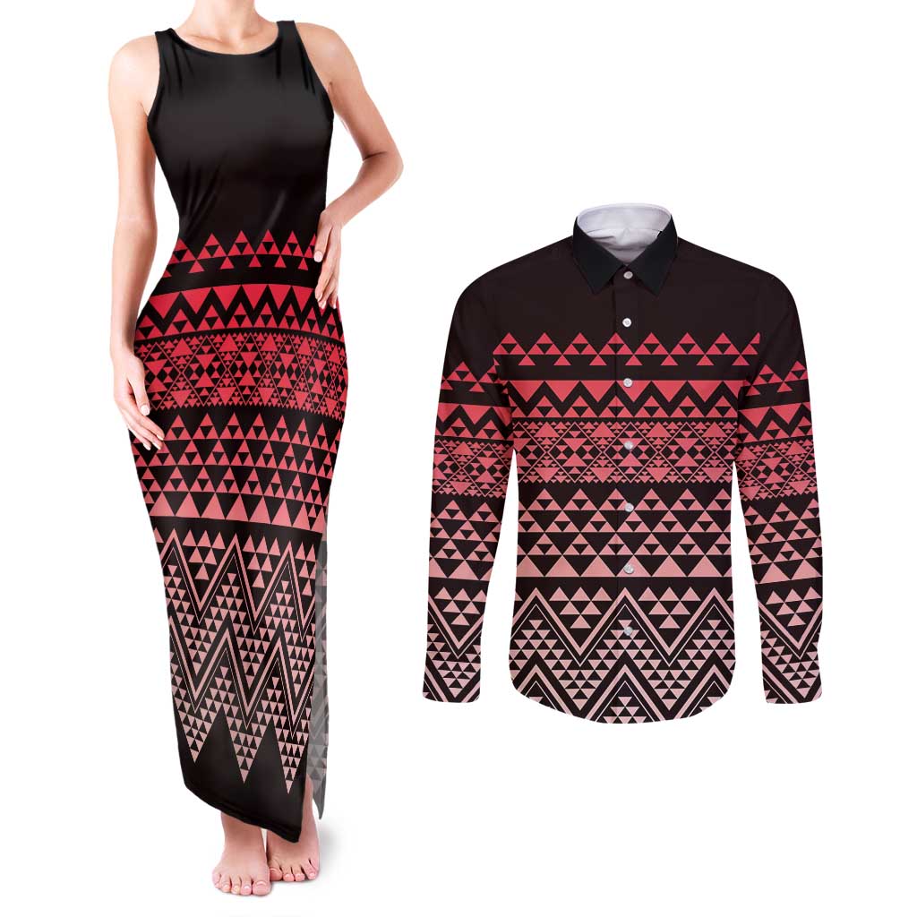 Maori Niho Taniwha Te Wheiao Couples Matching Tank Maxi Dress and Long Sleeve Button Shirt Terracotta - Aussie Hoodie
