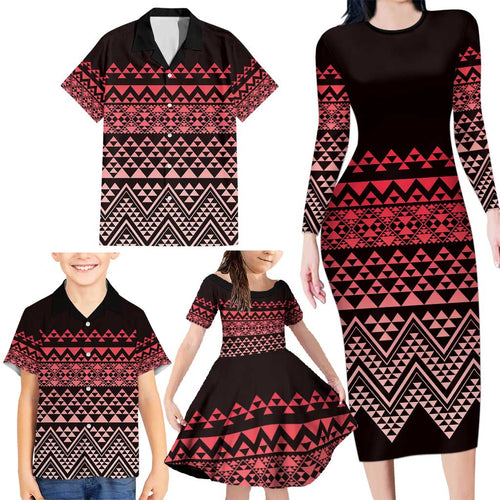 Maori Niho Taniwha Te Wheiao Family Matching Long Sleeve Bodycon Dress and Hawaiian Shirt Terracotta - Aussie Hoodie