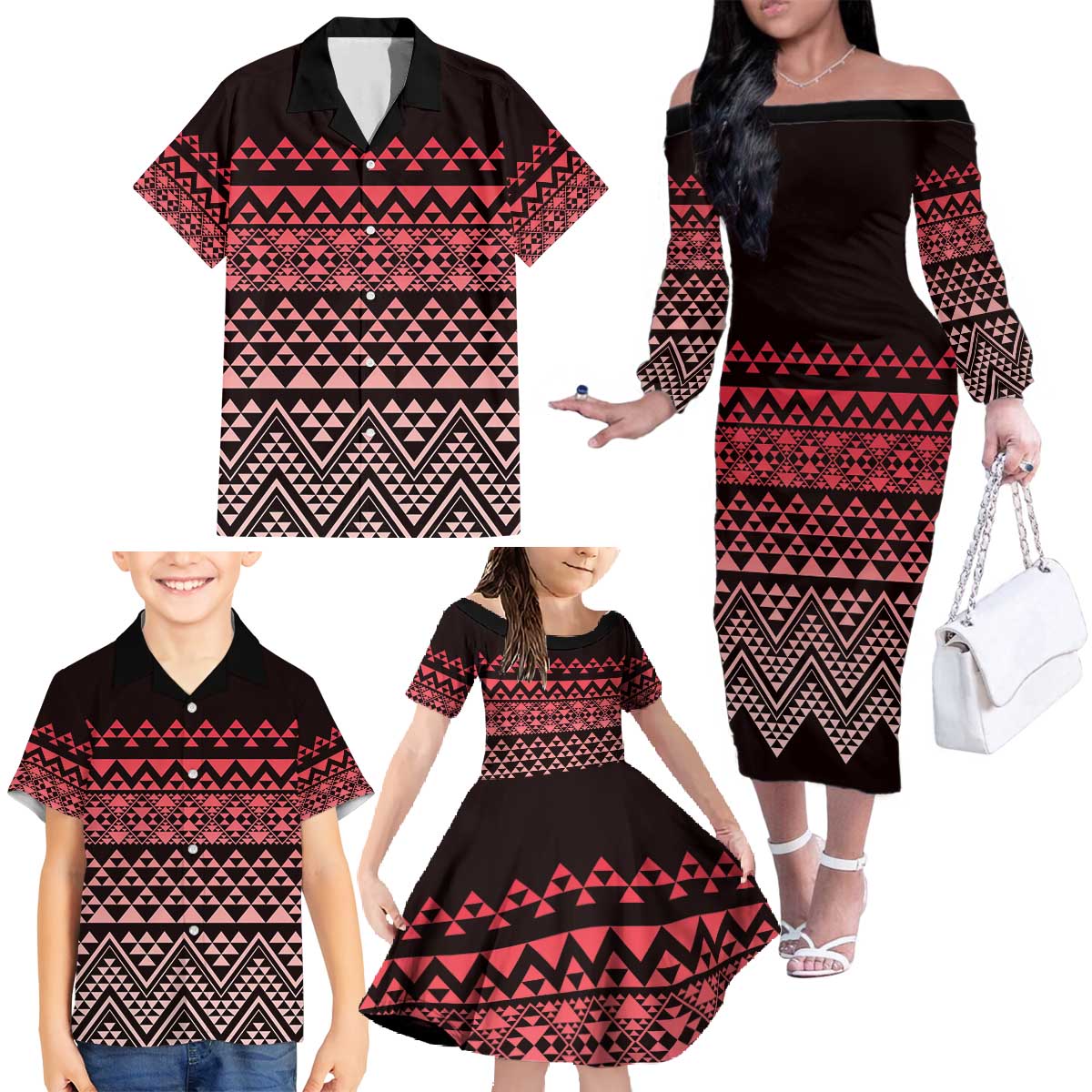 Maori Niho Taniwha Te Wheiao Family Matching Off The Shoulder Long Sleeve Dress and Hawaiian Shirt Terracotta - Aussie Hoodie