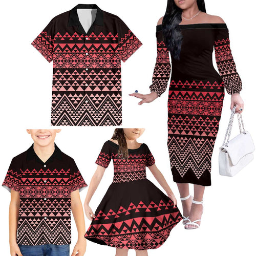 Maori Niho Taniwha Te Wheiao Family Matching Off The Shoulder Long Sleeve Dress and Hawaiian Shirt Terracotta - Aussie Hoodie