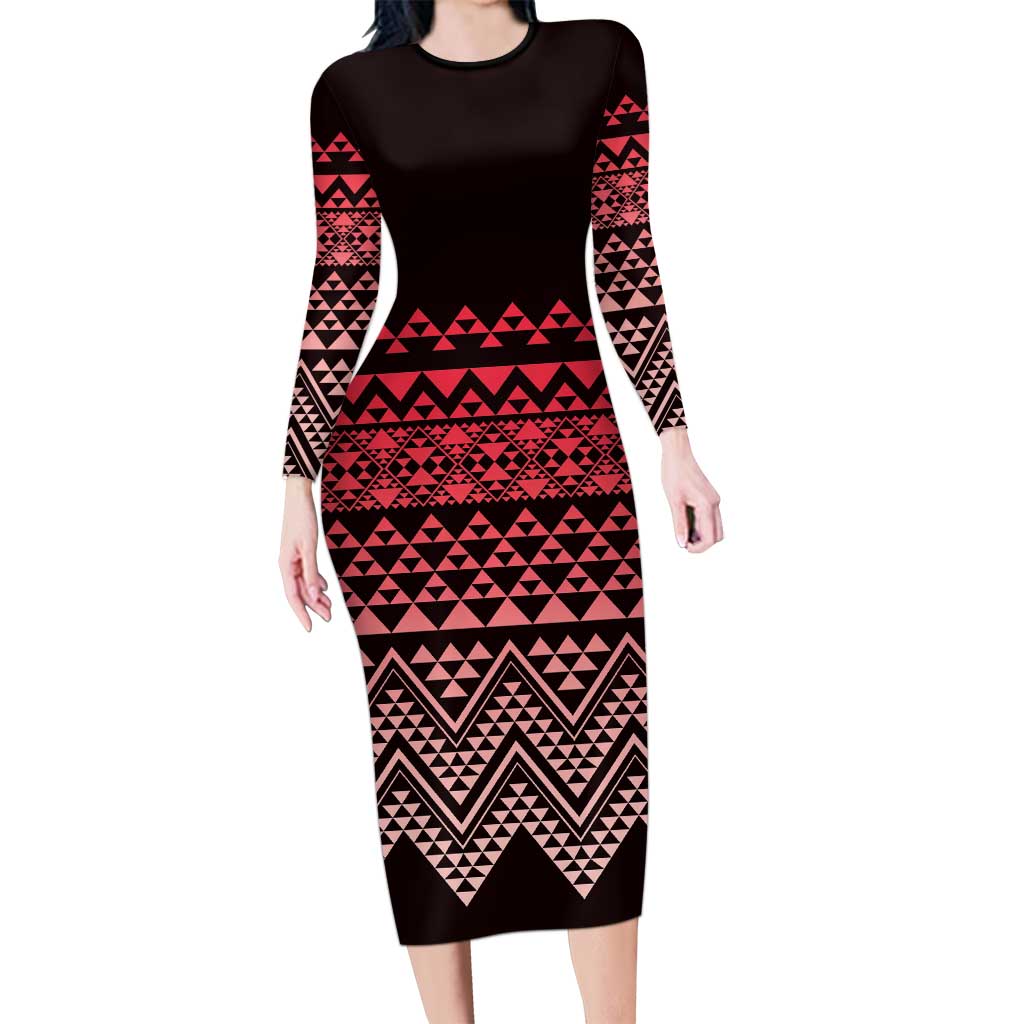 Maori Niho Taniwha Te Wheiao Long Sleeve Bodycon Dress Terracotta - Aussie Hoodie
