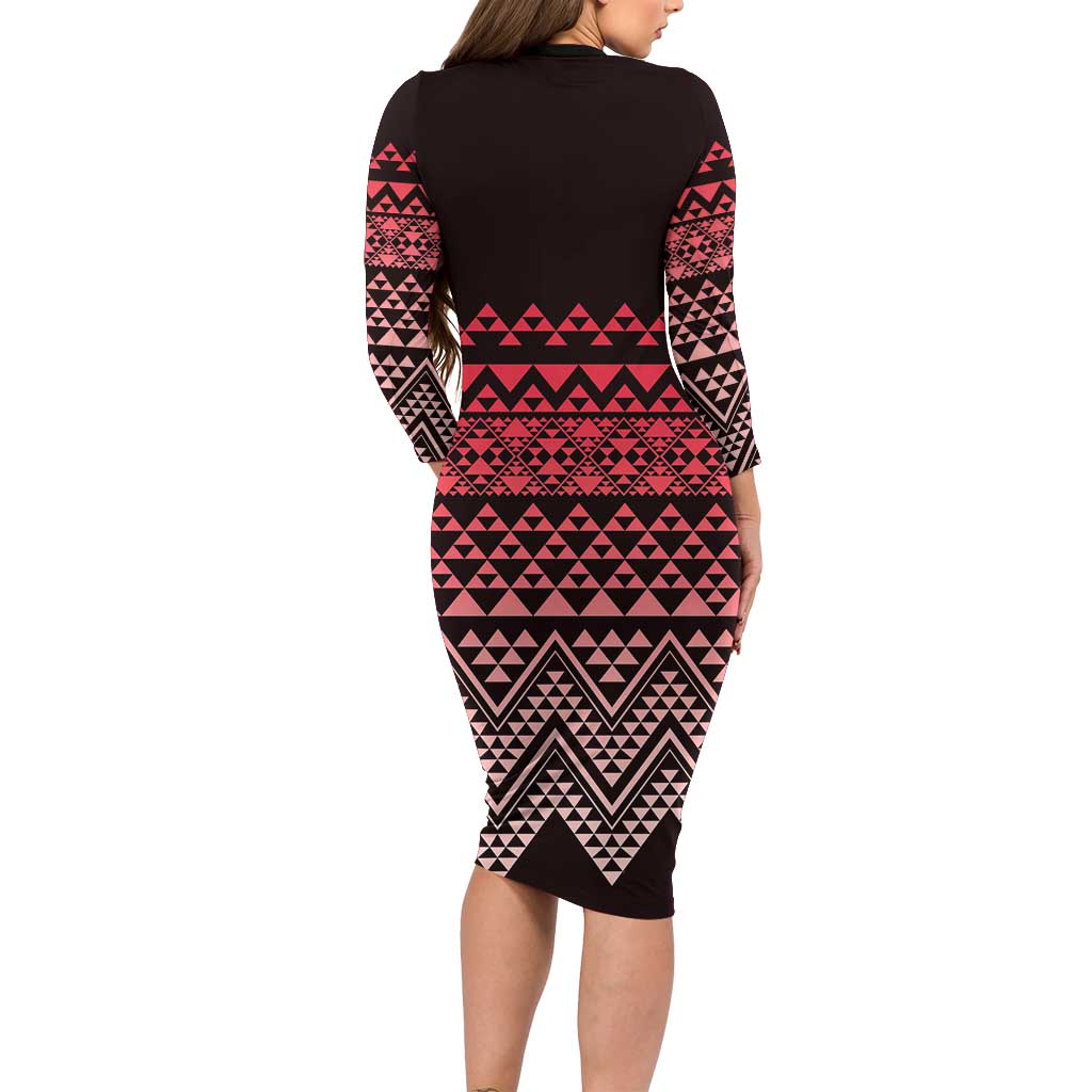 Maori Niho Taniwha Te Wheiao Long Sleeve Bodycon Dress Terracotta - Aussie Hoodie