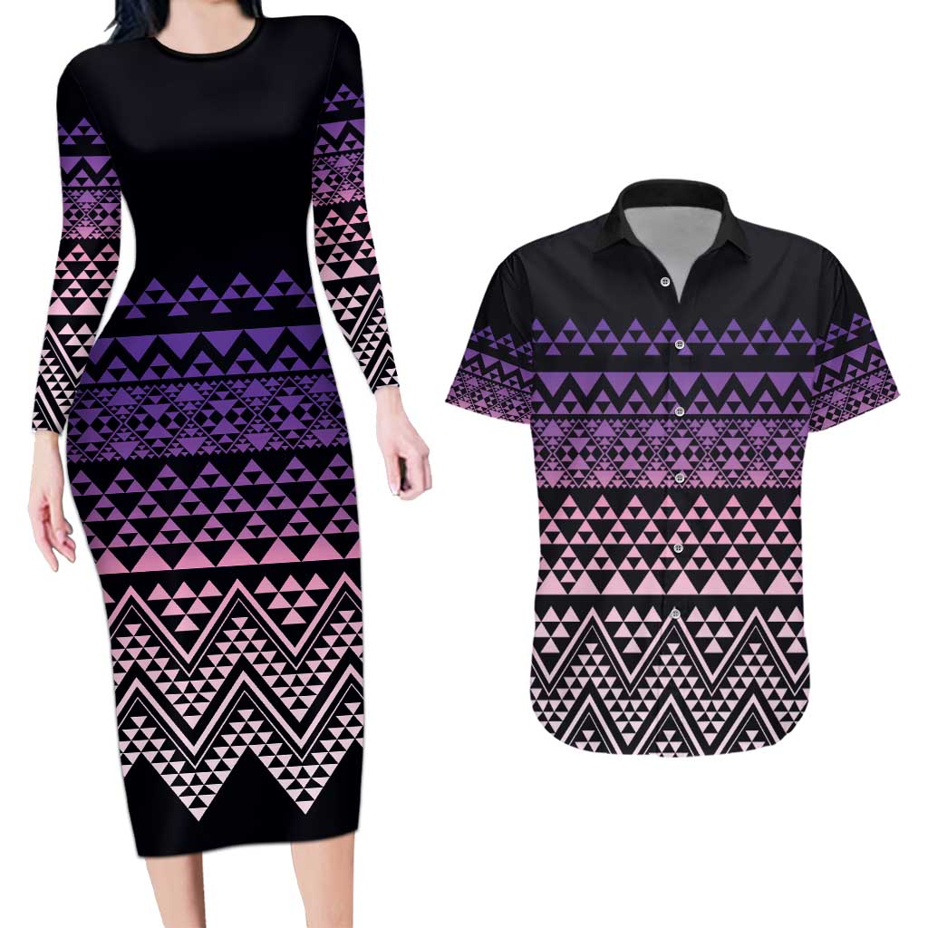 Maori Niho Taniwha Te Wheiao Couples Matching Long Sleeve Bodycon Dress and Hawaiian Shirt Waiporoporo - Aussie Hoodie