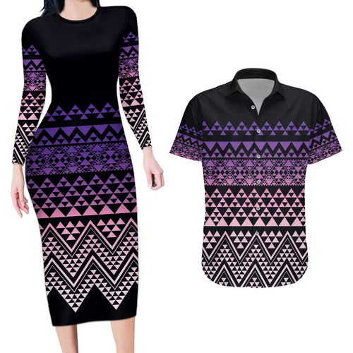 Maori Niho Taniwha Te Wheiao Couples Matching Long Sleeve Bodycon Dress and Hawaiian Shirt Waiporoporo - Aussie Hoodie