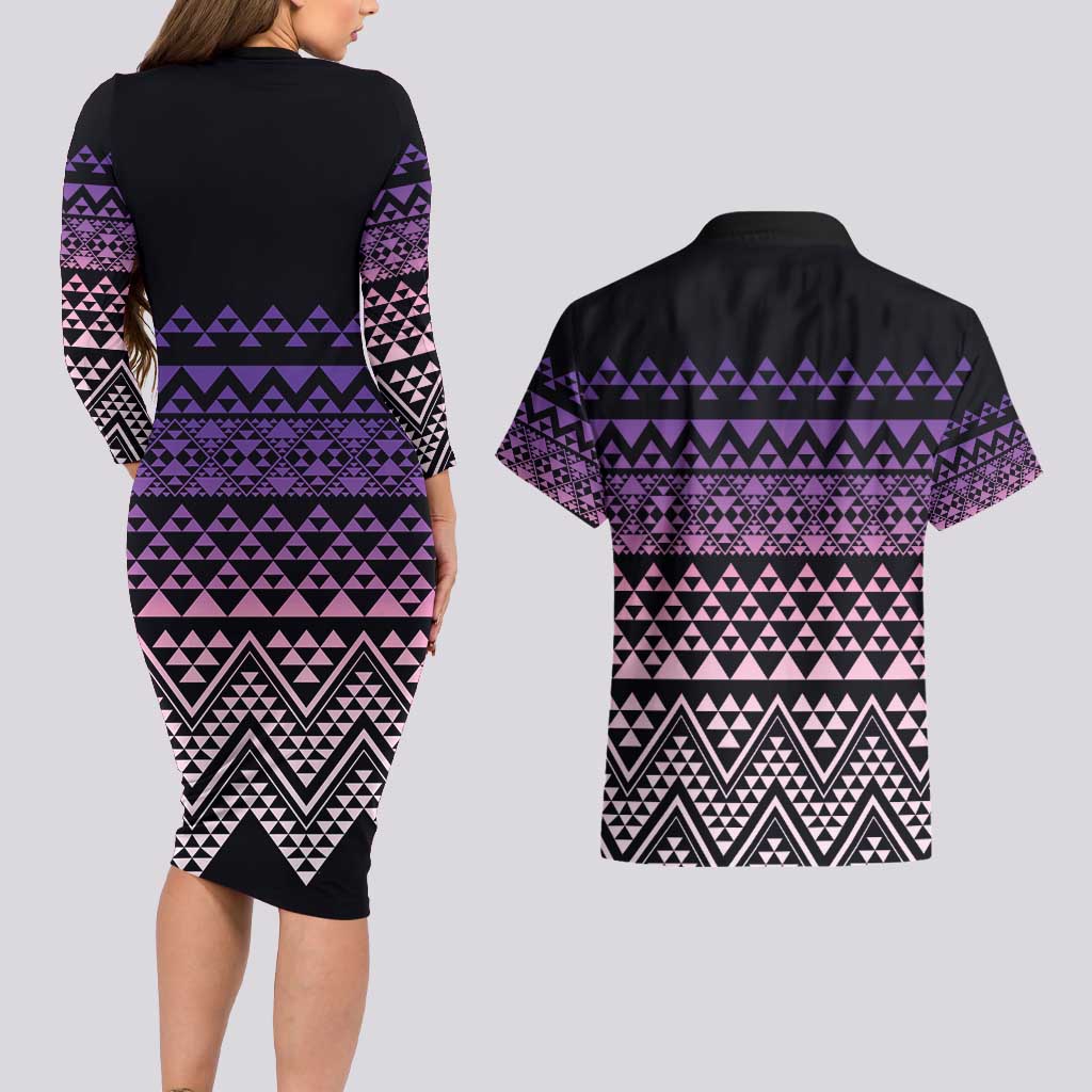 Maori Niho Taniwha Te Wheiao Couples Matching Long Sleeve Bodycon Dress and Hawaiian Shirt Waiporoporo - Aussie Hoodie