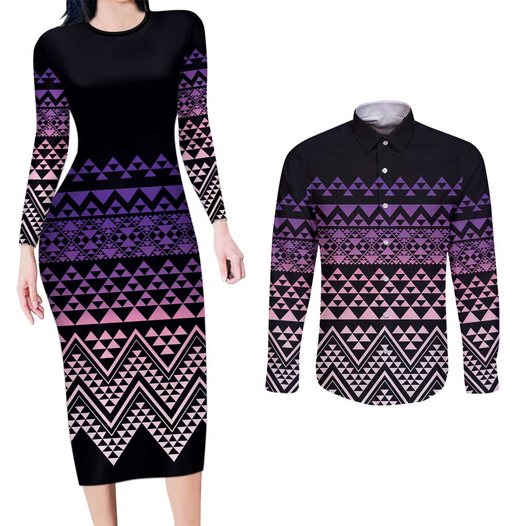 Maori Niho Taniwha Te Wheiao Couples Matching Long Sleeve Bodycon Dress and Long Sleeve Button Shirt Waiporoporo - Aussie Hoodie