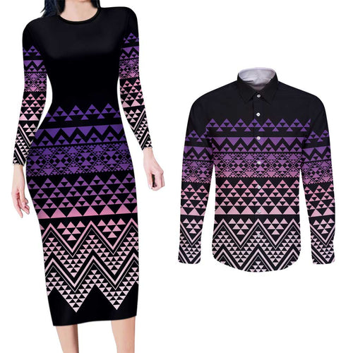 Maori Niho Taniwha Te Wheiao Couples Matching Long Sleeve Bodycon Dress and Long Sleeve Button Shirt Waiporoporo - Aussie Hoodie