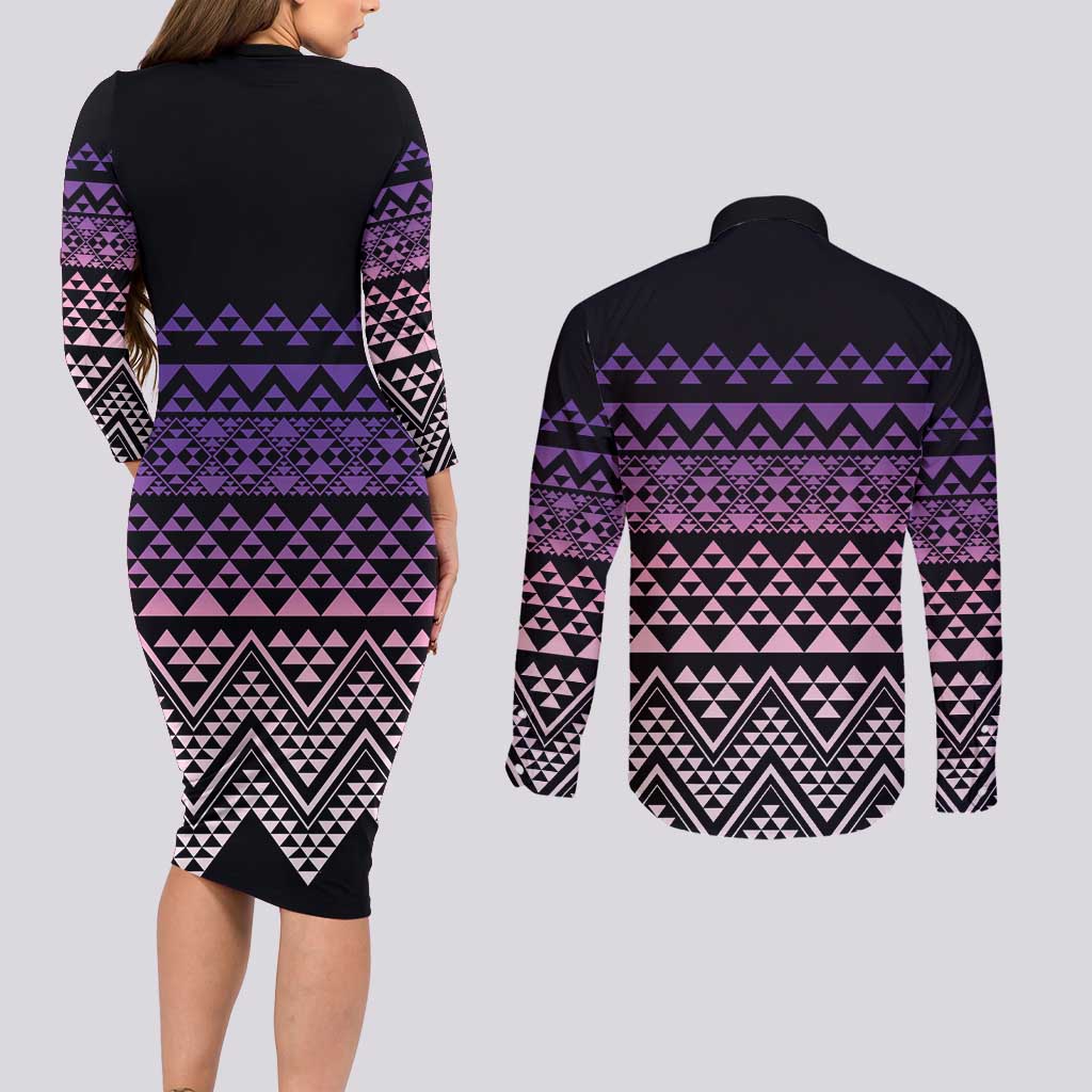 Maori Niho Taniwha Te Wheiao Couples Matching Long Sleeve Bodycon Dress and Long Sleeve Button Shirt Waiporoporo - Aussie Hoodie