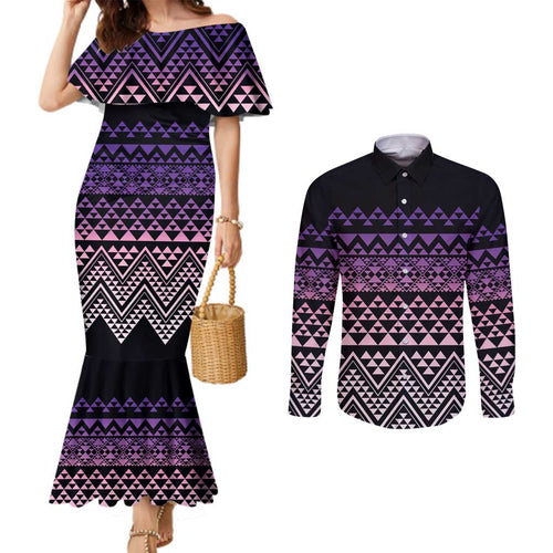 Maori Niho Taniwha Te Wheiao Couples Matching Mermaid Dress and Long Sleeve Button Shirt Waiporoporo - Aussie Hoodie