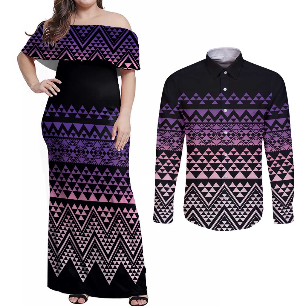 Maori Niho Taniwha Te Wheiao Couples Matching Off Shoulder Maxi Dress and Long Sleeve Button Shirt Waiporoporo - Aussie Hoodie