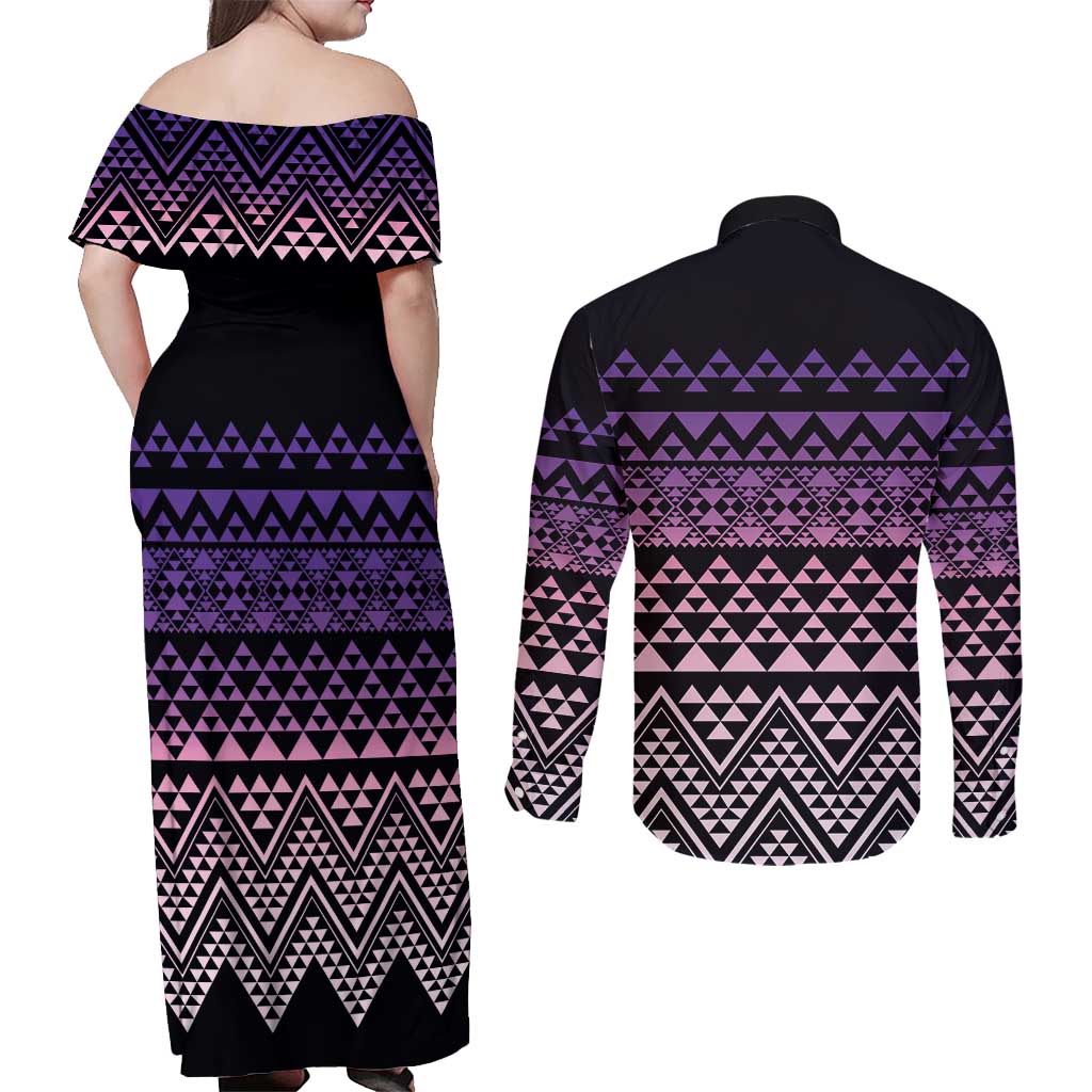 Maori Niho Taniwha Te Wheiao Couples Matching Off Shoulder Maxi Dress and Long Sleeve Button Shirt Waiporoporo - Aussie Hoodie