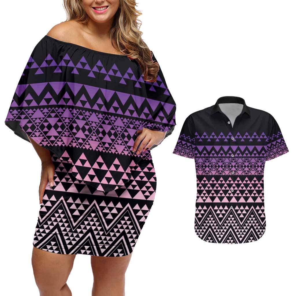 Maori Niho Taniwha Te Wheiao Couples Matching Off Shoulder Short Dress and Hawaiian Shirt Waiporoporo - Aussie Hoodie