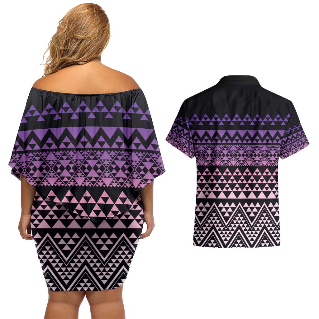 Maori Niho Taniwha Te Wheiao Couples Matching Off Shoulder Short Dress and Hawaiian Shirt Waiporoporo - Aussie Hoodie