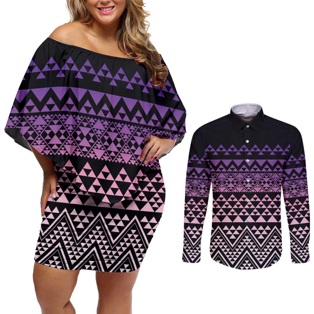 Maori Niho Taniwha Te Wheiao Couples Matching Off Shoulder Short Dress and Long Sleeve Button Shirt Waiporoporo - Aussie Hoodie