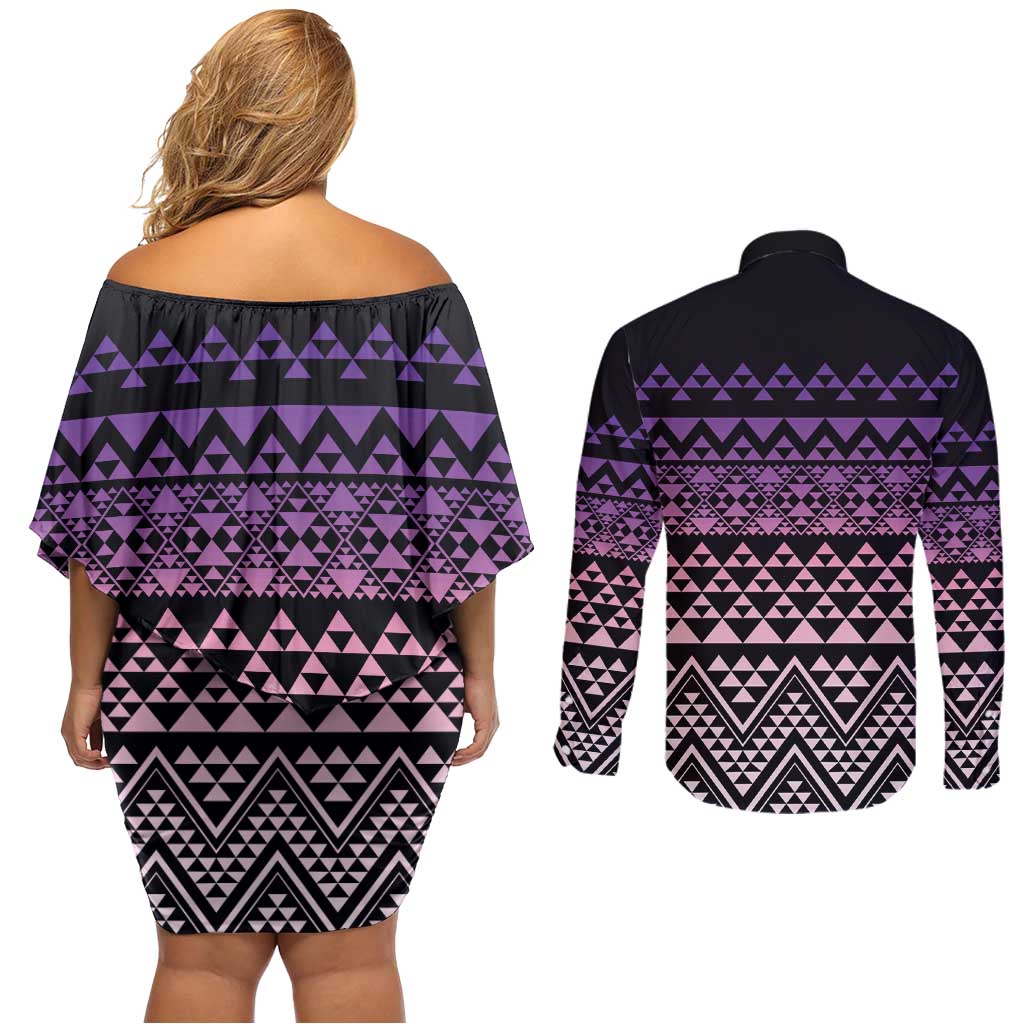 Maori Niho Taniwha Te Wheiao Couples Matching Off Shoulder Short Dress and Long Sleeve Button Shirt Waiporoporo - Aussie Hoodie