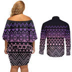 Maori Niho Taniwha Te Wheiao Couples Matching Off Shoulder Short Dress and Long Sleeve Button Shirt Waiporoporo - Aussie Hoodie